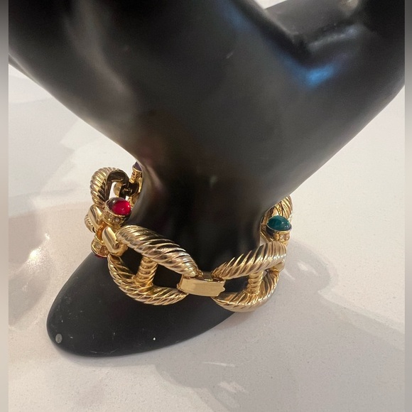 Vtg 80s cabochon Gems and Rhinestones Gilt metal rope twist link Bracelet - Picture 2 of 10